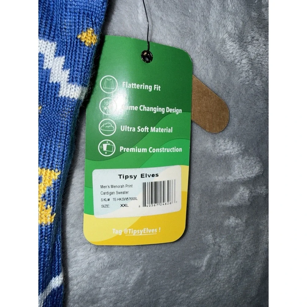 New Tipsy Elves Men's Christmas Sz XXL Blue Menorah Print Cardigan‎ Sweater